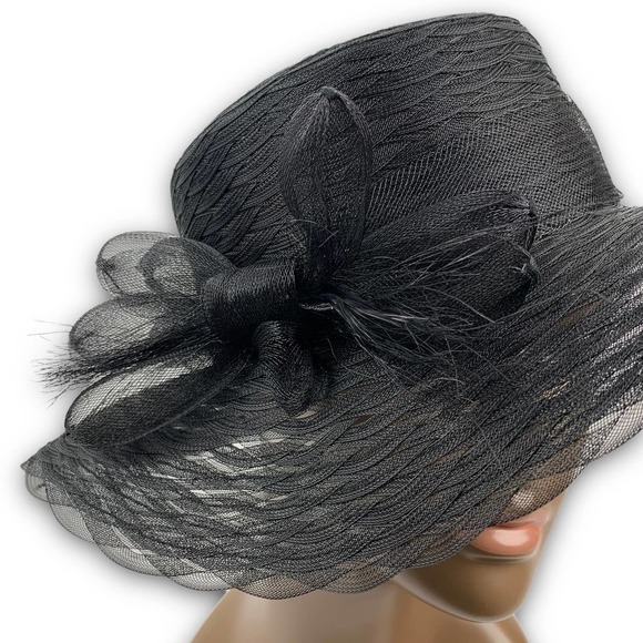 Vintage PLAZE SUITE NEW YORK glam black mesh hat with large bow - Picture 2 of 12